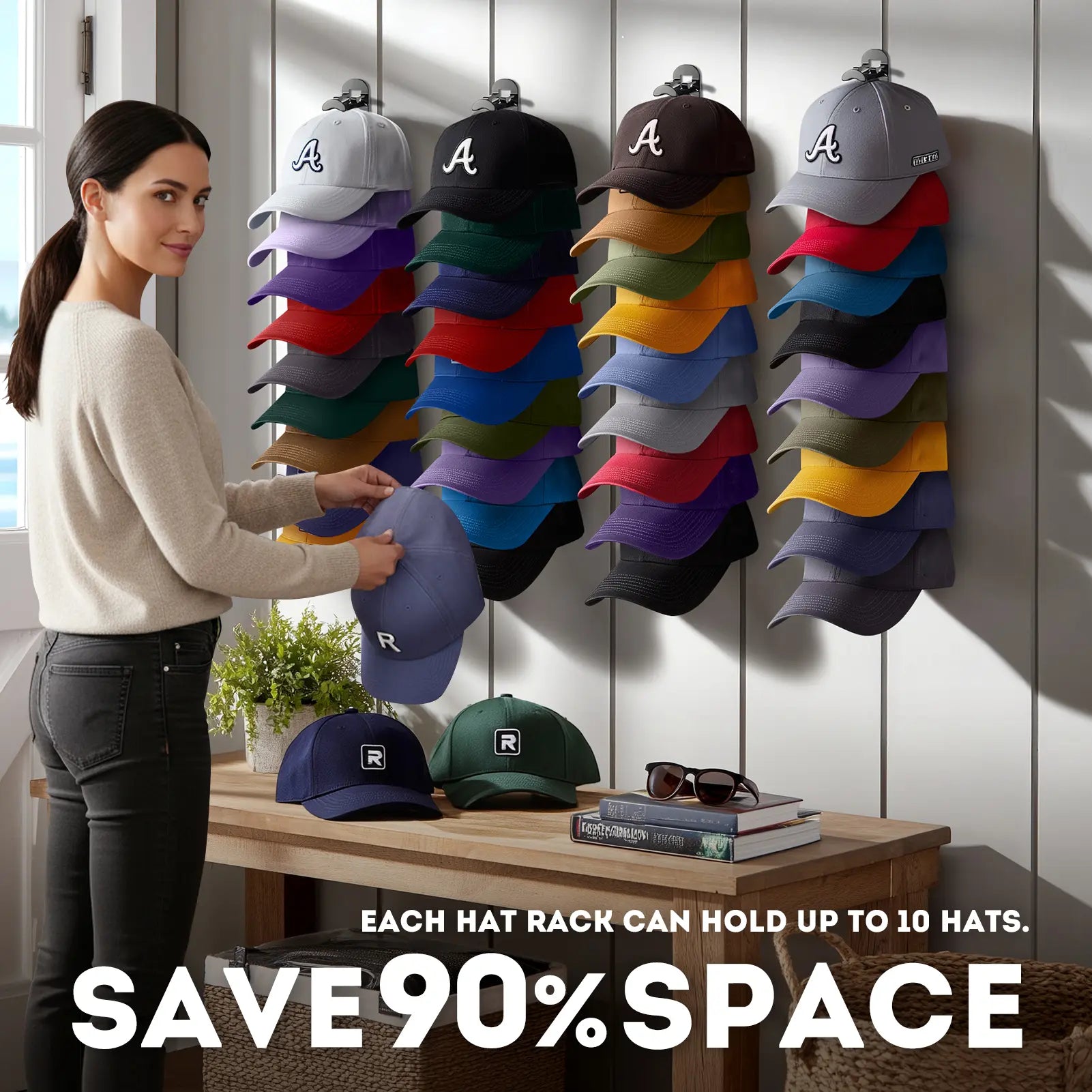 Wall-Mounted Max-Capacity 20-Cap Adhesive & Mechanical Hat Rack Set