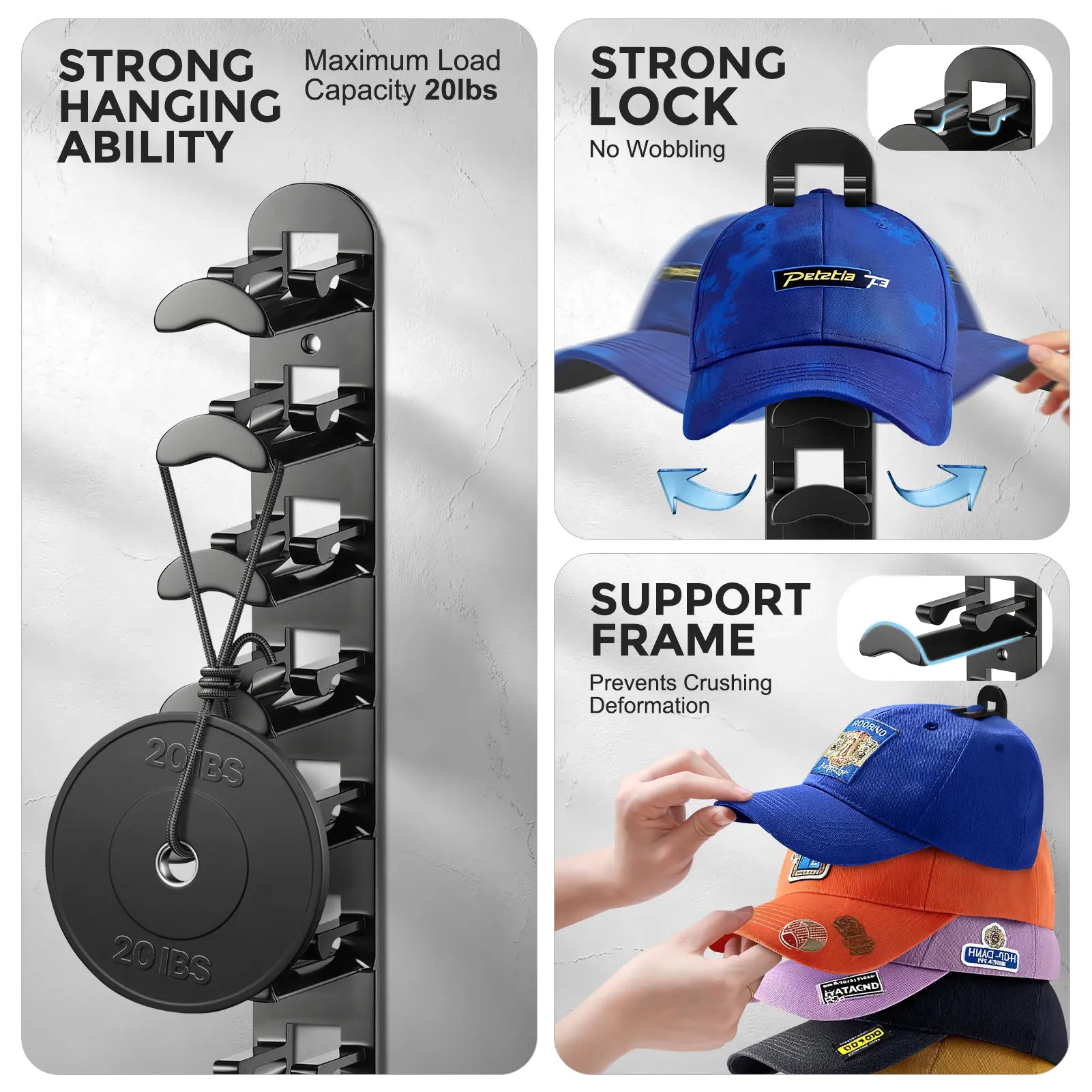 Wall-Mounted Max-Capacity 20-Cap Adhesive & Mechanical Hat Rack Set