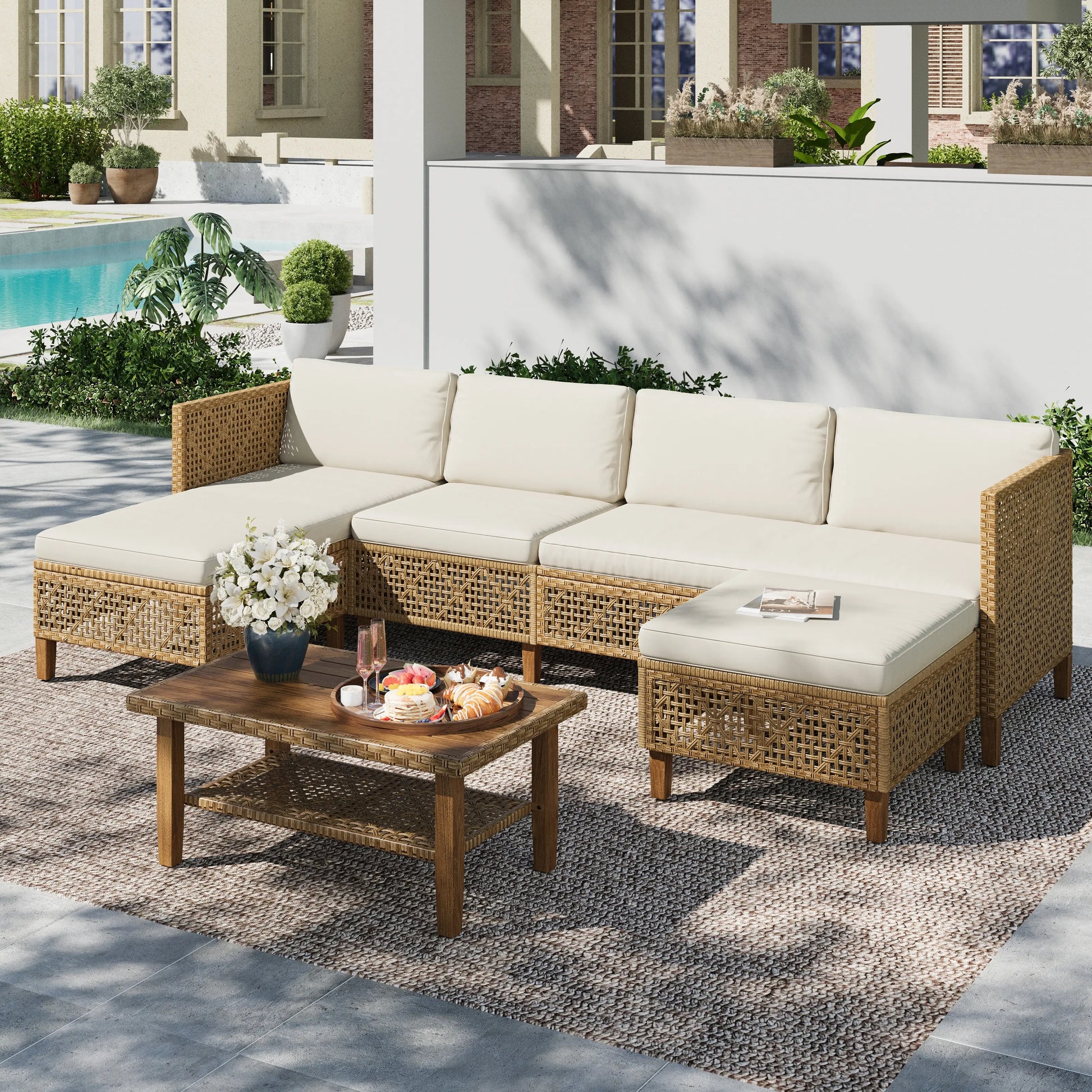 Bohemian Wicker Modular Patio Sectional Set with Integrated Storage Coffee Table
