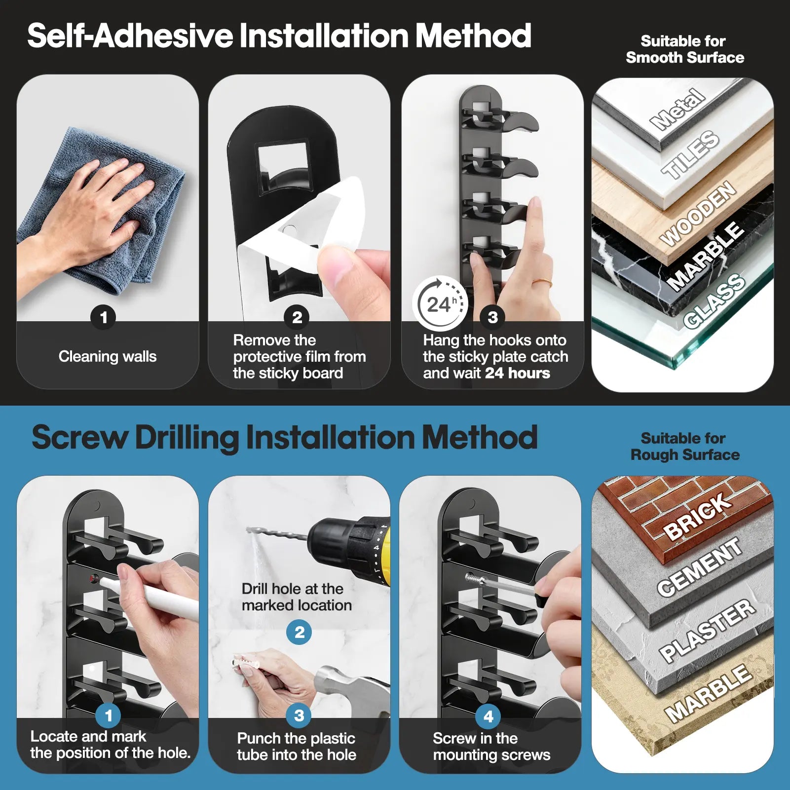Wall-Mounted Max-Capacity 20-Cap Adhesive & Mechanical Hat Rack Set