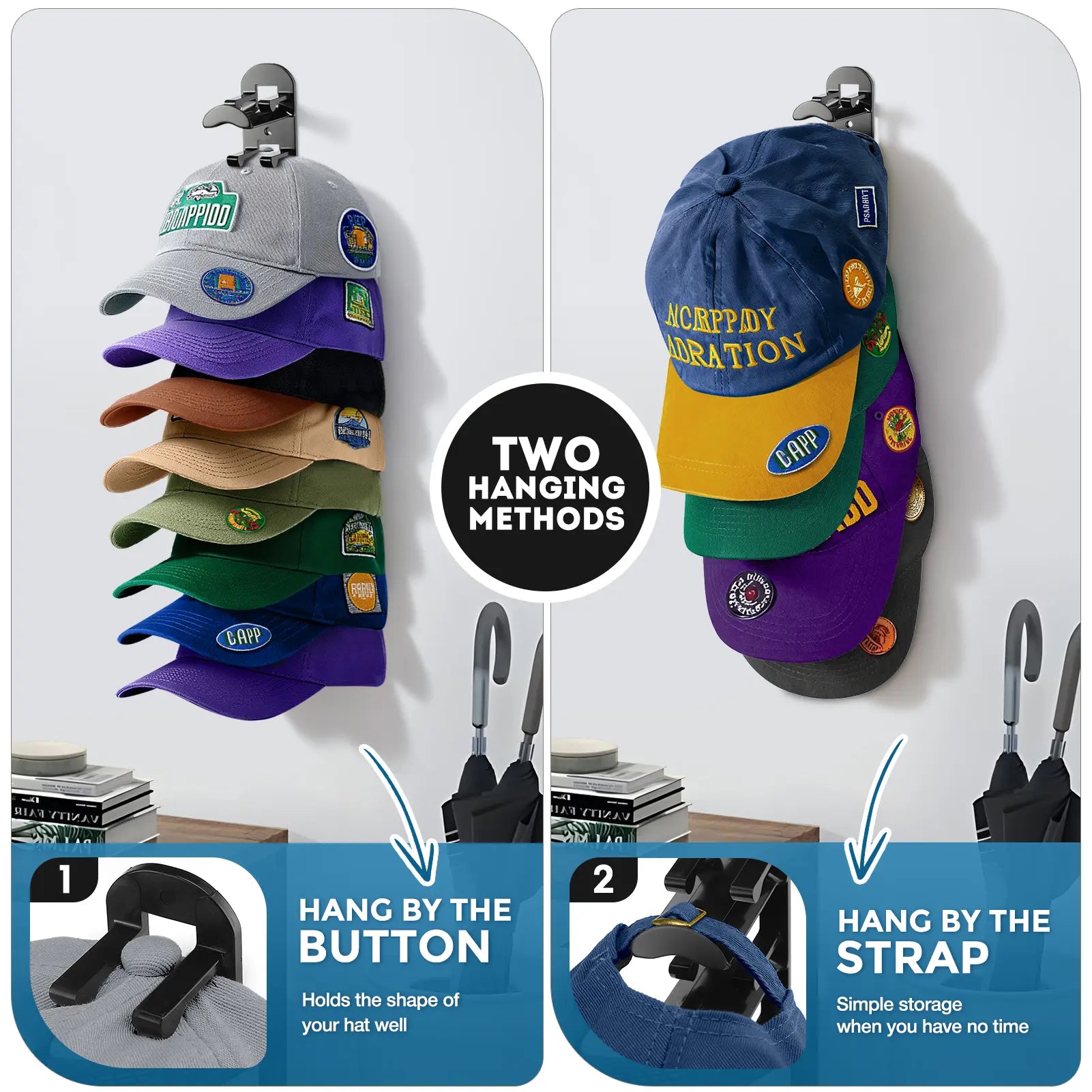 Wall-Mounted Max-Capacity 20-Cap Adhesive & Mechanical Hat Rack Set