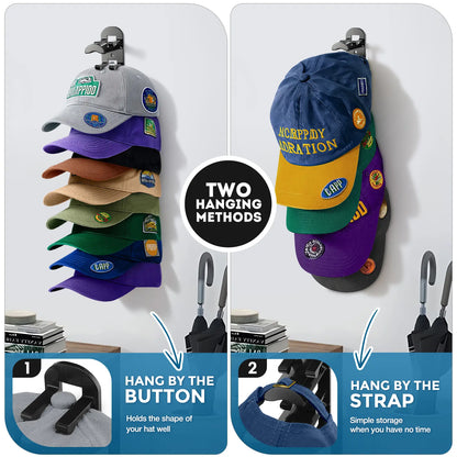 Wall-Mounted Max-Capacity 20-Cap Adhesive & Mechanical Hat Rack Set