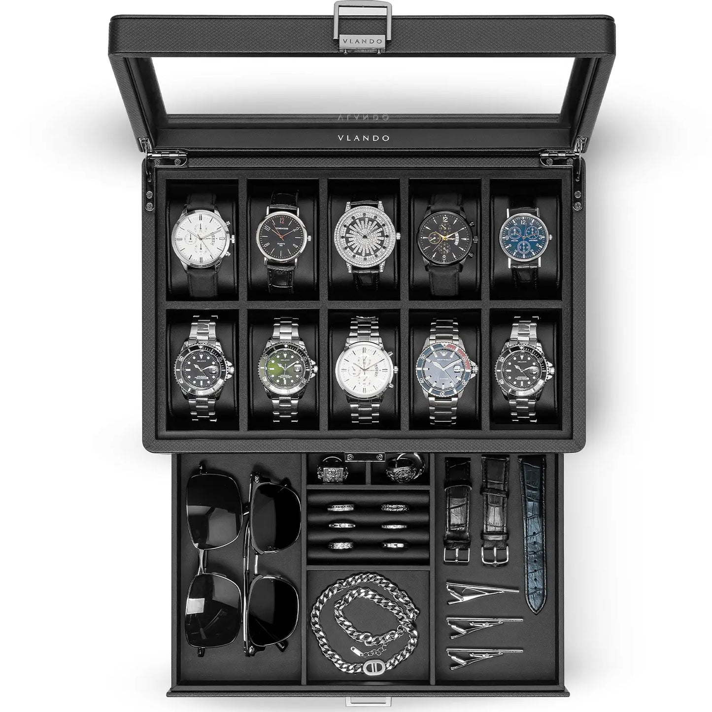 Luxury 10-Slot Leather Watch Vault & Two-Tier Accessory Bureau