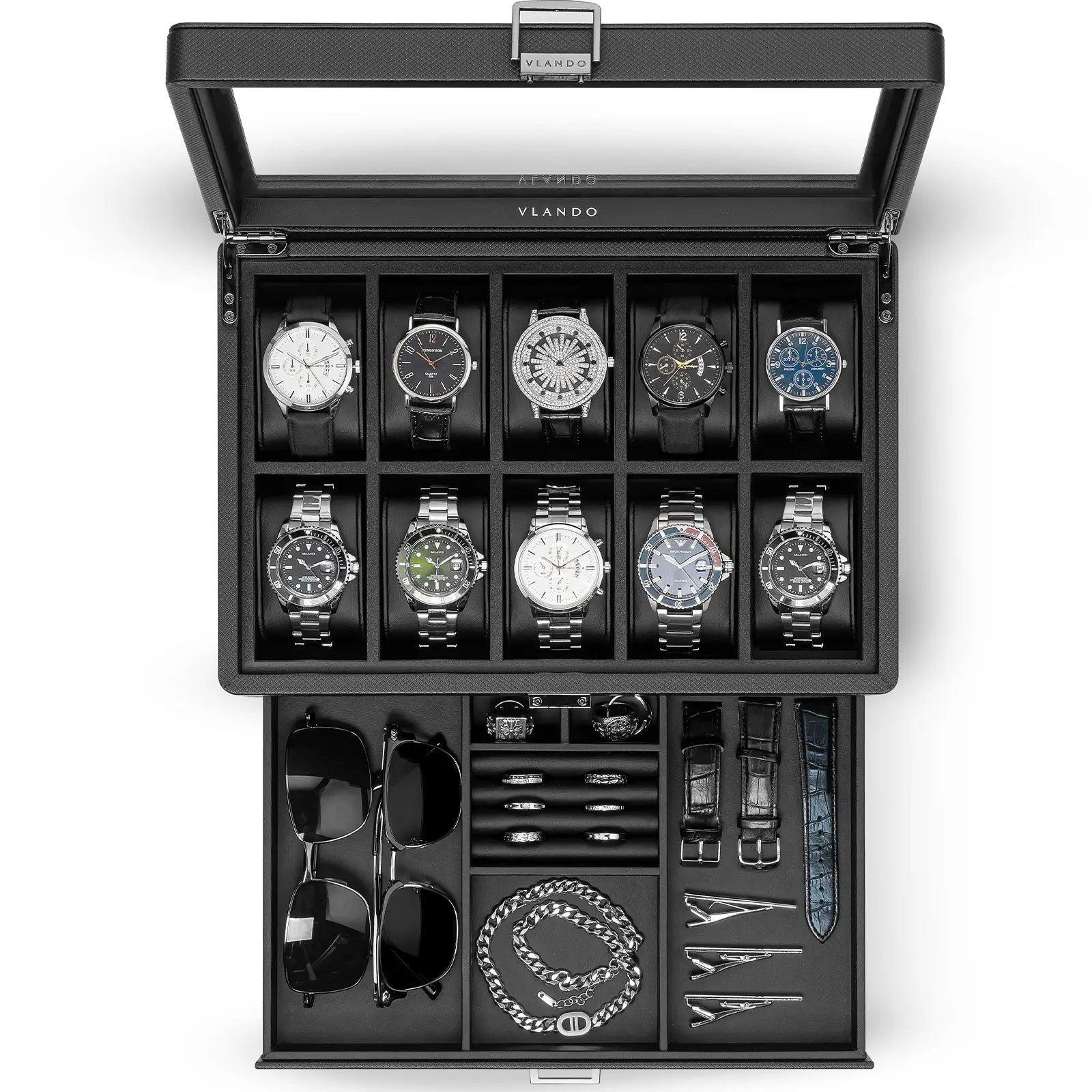 Luxury 10-Slot Leather Watch Vault & Two-Tier Accessory Bureau