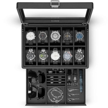 Luxury 10-Slot Leather Watch Vault & Two-Tier Accessory Bureau
