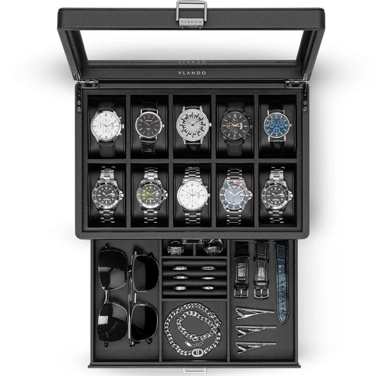 Luxury 10-Slot Leather Watch Vault & Two-Tier Accessory Bureau