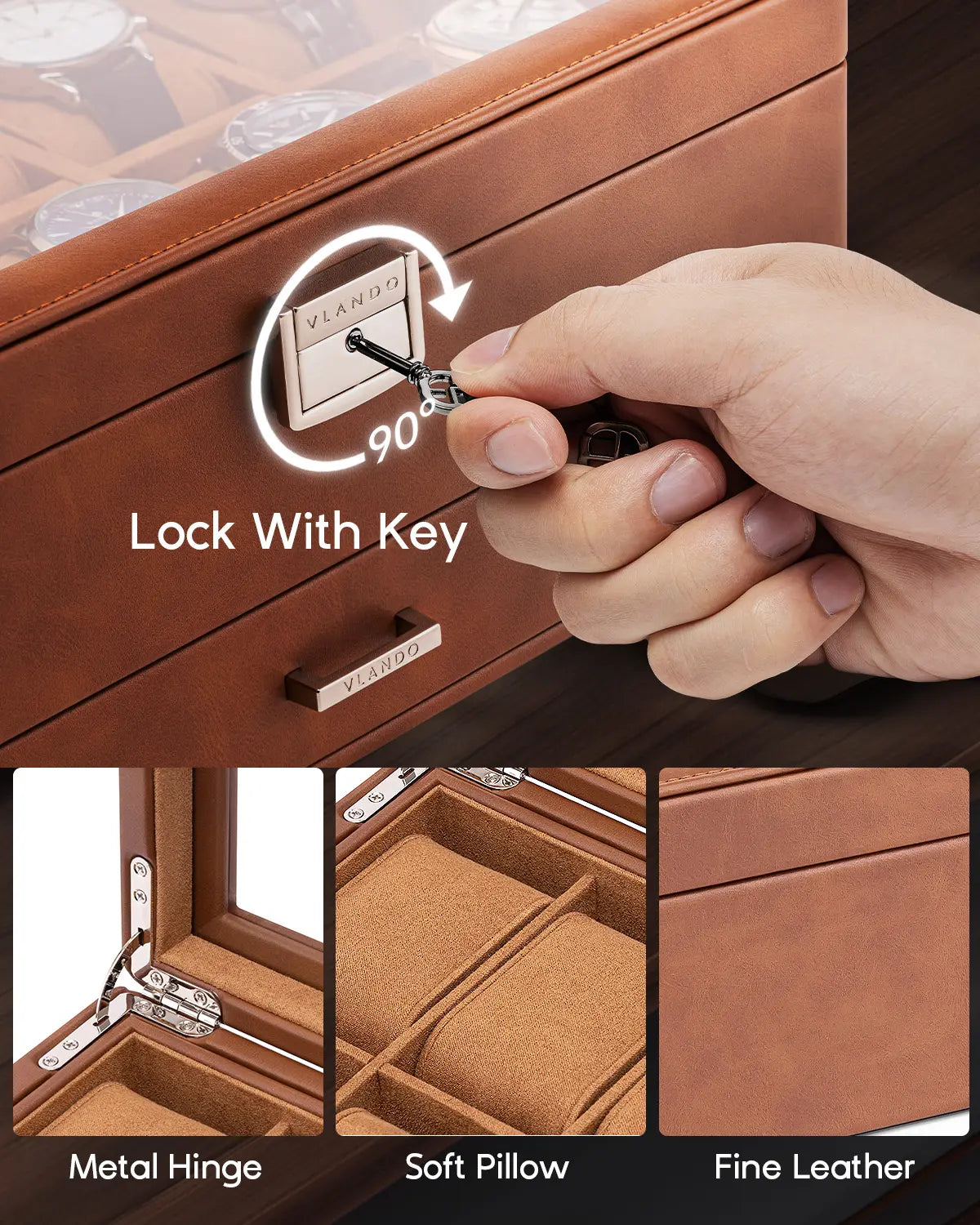 Luxury 10-Slot Leather Watch Vault & Two-Tier Accessory Bureau