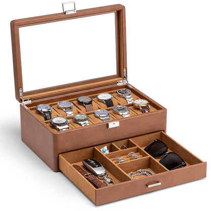 Luxury 10-Slot Leather Watch Vault & Two-Tier Accessory Bureau