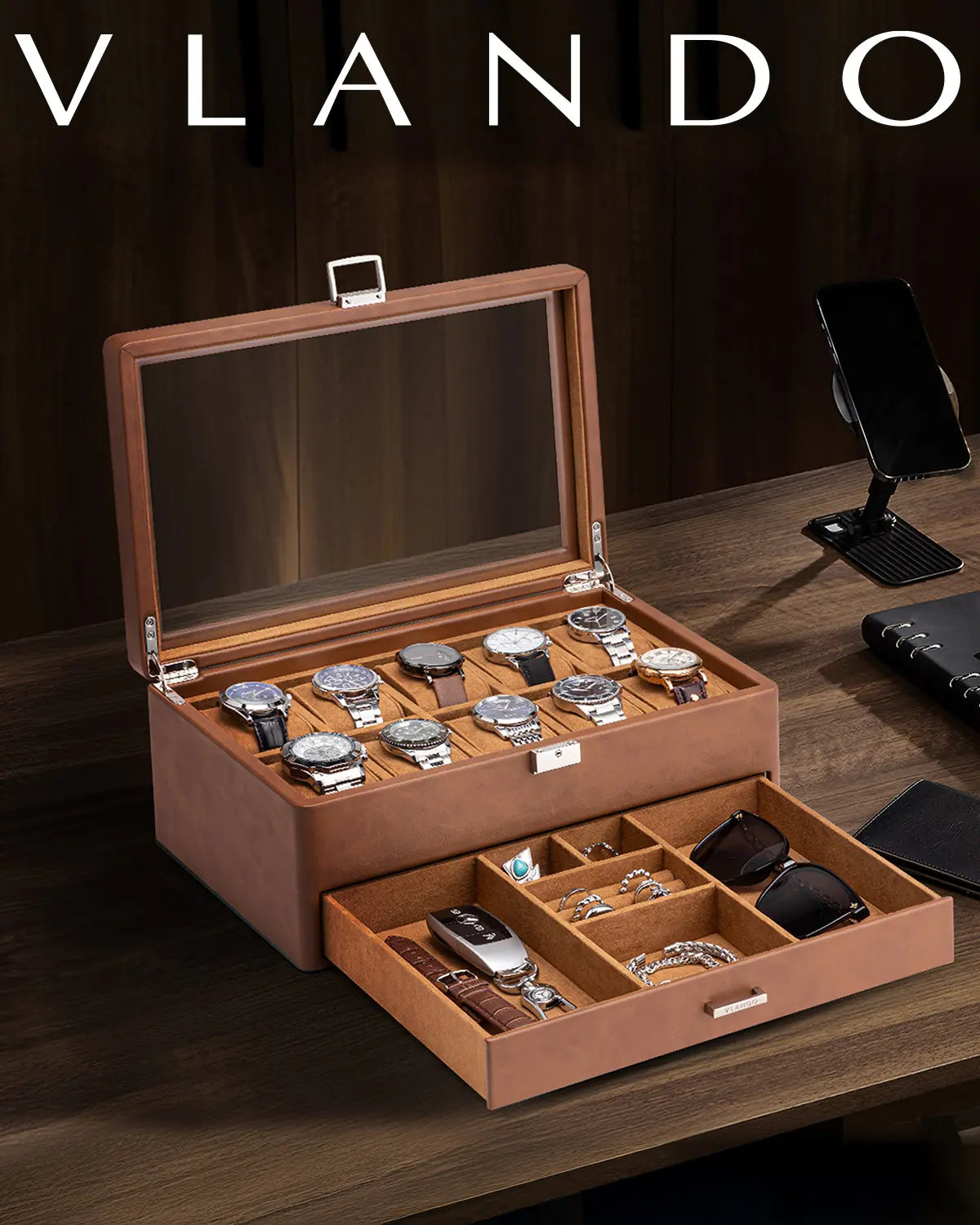 Luxury 10-Slot Leather Watch Vault & Two-Tier Accessory Bureau