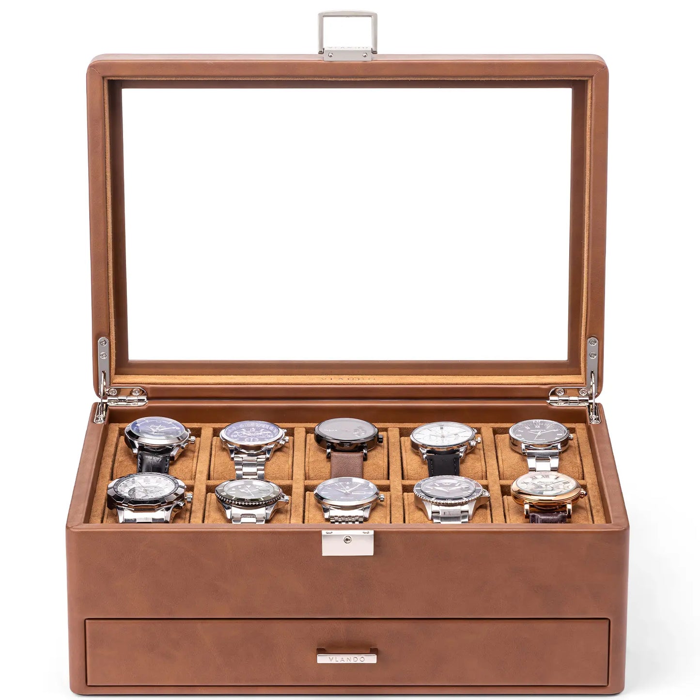 Luxury 10-Slot Leather Watch Vault & Two-Tier Accessory Bureau