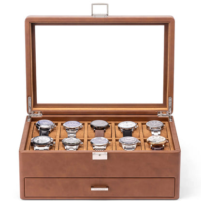 Luxury 10-Slot Leather Watch Vault & Two-Tier Accessory Bureau