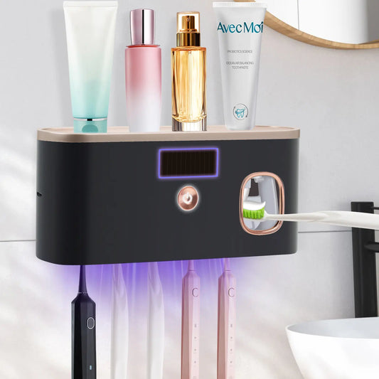 Summervibes PHANCIR Upgraded Toothbrush Holder for Bathrooms,5-Slot Wall Mount Toothbrush Sanitizer & Timing Function Wall Mounted with Toothpaste Dispenser for Electric / Regular Toothbrush