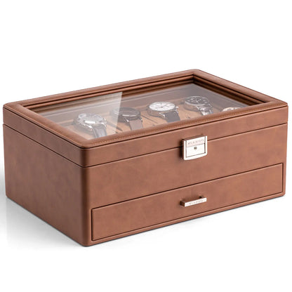 Luxury 10-Slot Leather Watch Vault & Two-Tier Accessory Bureau