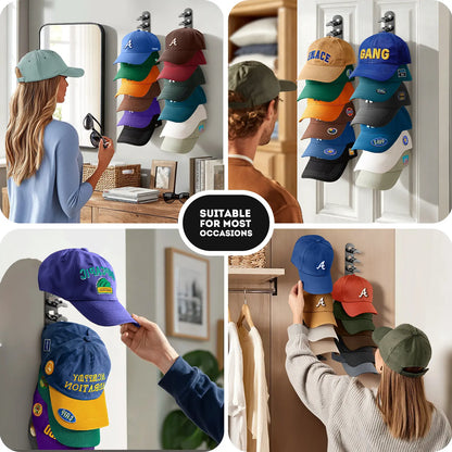 Wall-Mounted Max-Capacity 20-Cap Adhesive & Mechanical Hat Rack Set