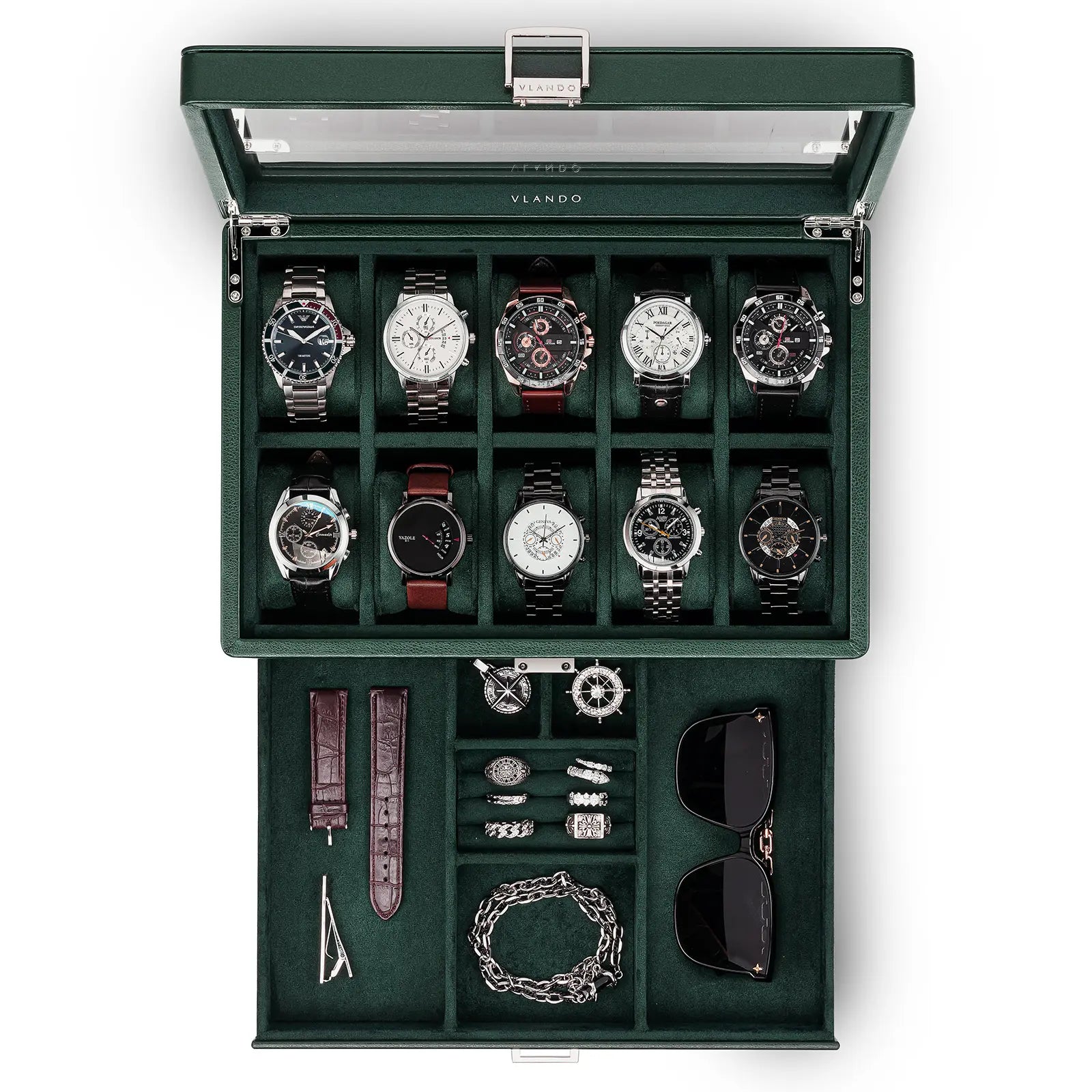 Luxury 10-Slot Leather Watch Vault & Two-Tier Accessory Bureau
