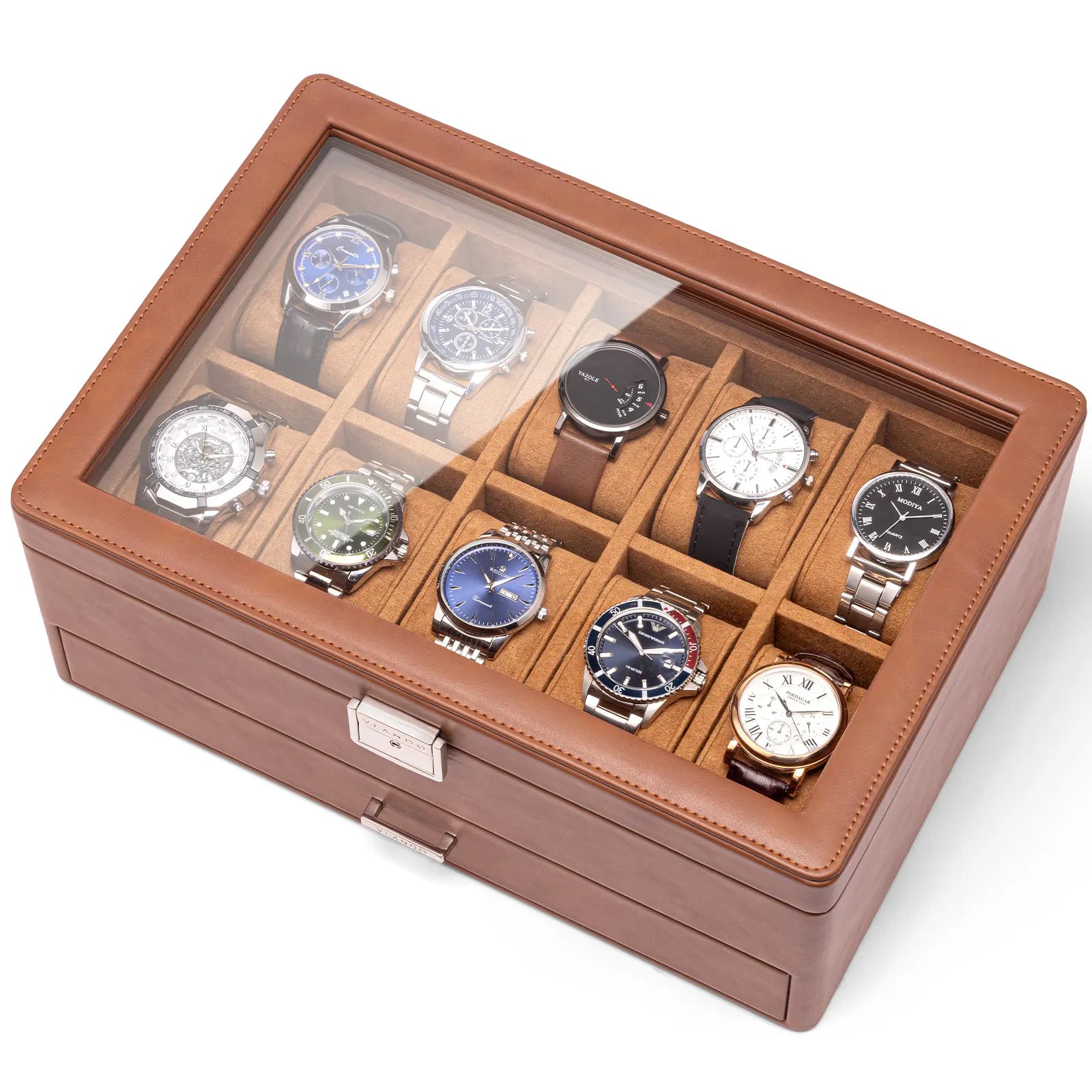 Luxury 10-Slot Leather Watch Vault & Two-Tier Accessory Bureau