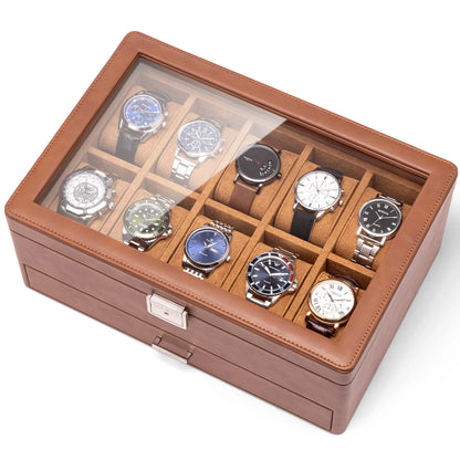 Luxury 10-Slot Leather Watch Vault & Two-Tier Accessory Bureau
