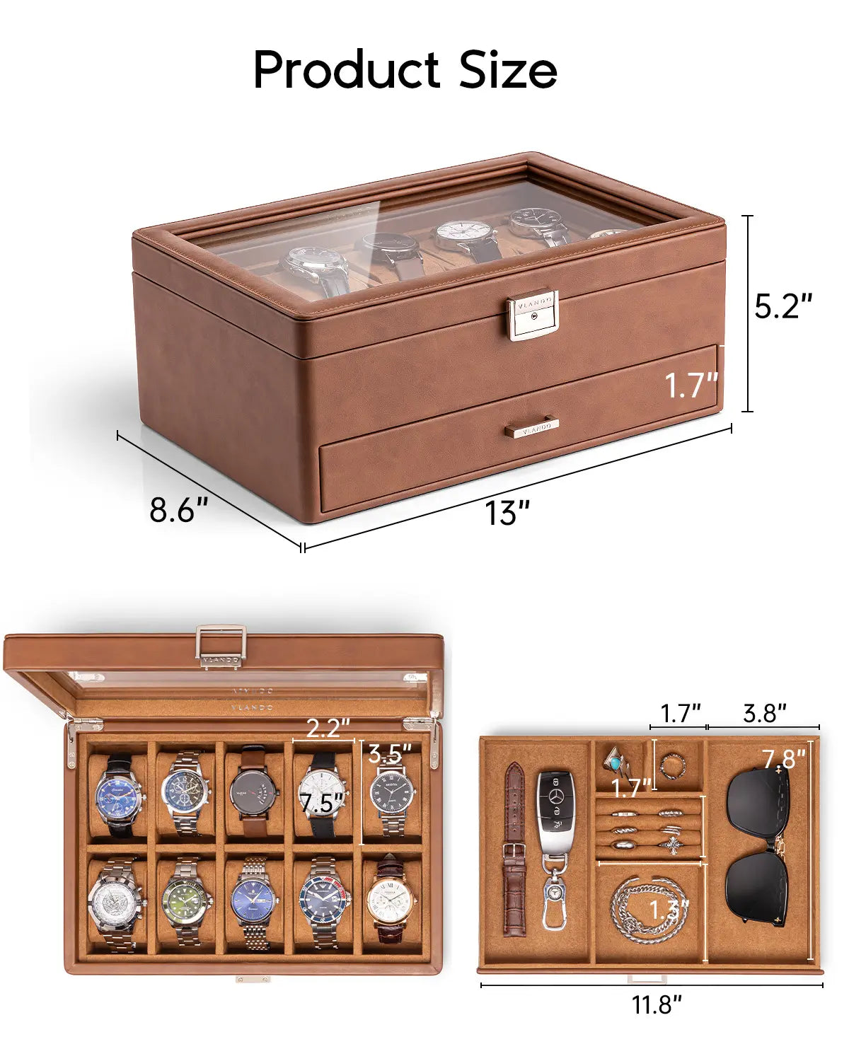 Luxury 10-Slot Leather Watch Vault & Two-Tier Accessory Bureau
