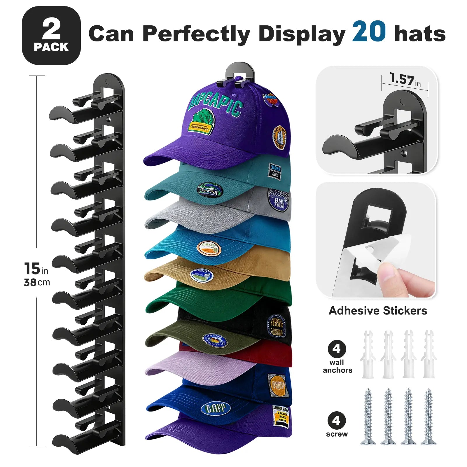 Wall-Mounted Max-Capacity 20-Cap Adhesive & Mechanical Hat Rack Set