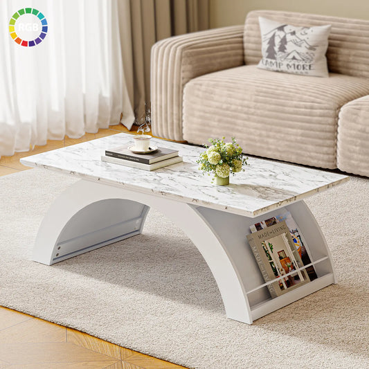 Modern 45" Faux-Marble Smart Coffee Table with App-Controlled RGB LED Lighting