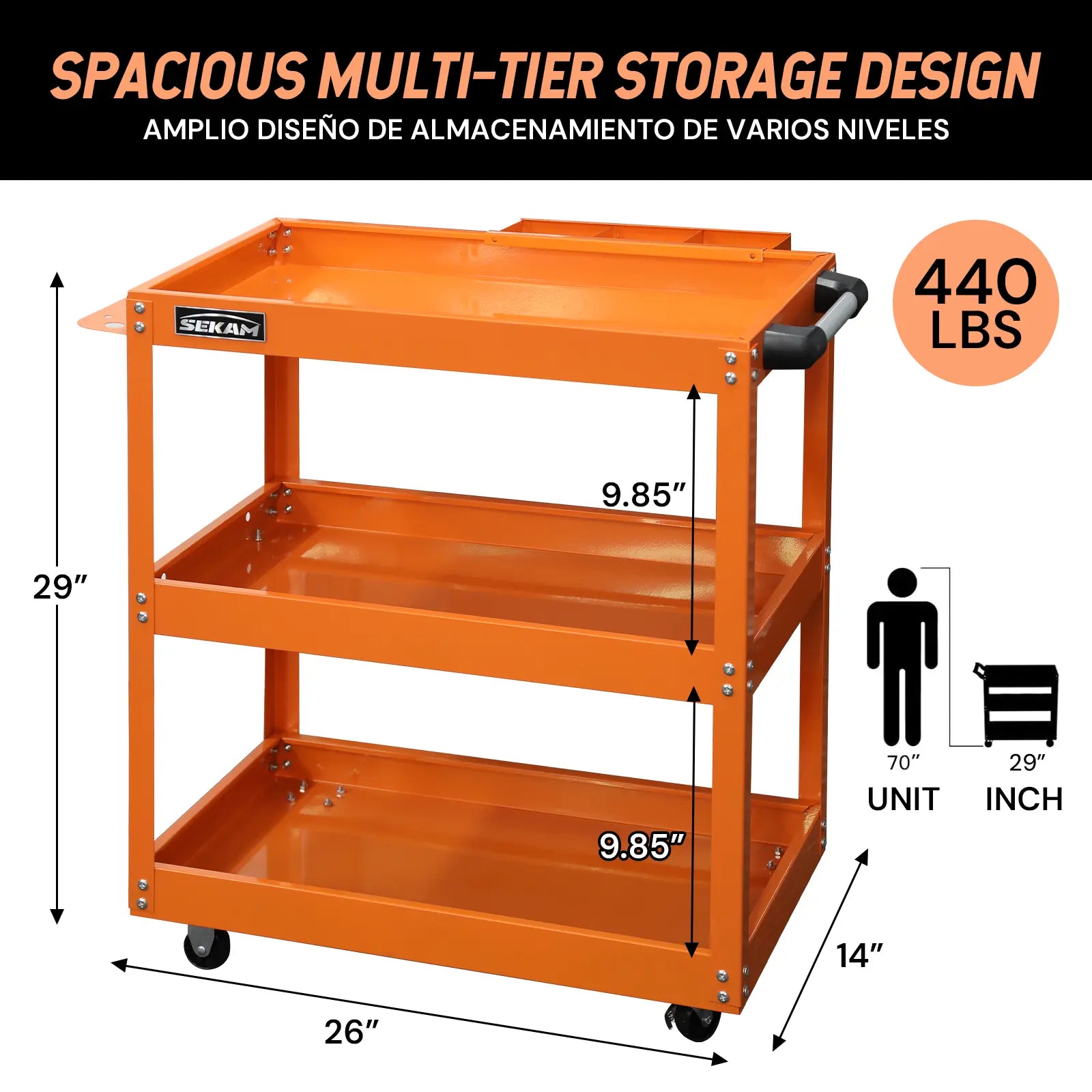 Industrial Heavy-Duty 330 lbs Capacity 3-Tier Rolling Utility Cart