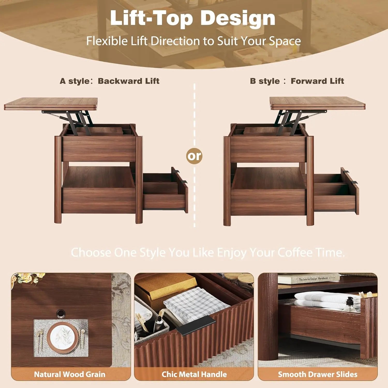 40" Multi-Functional Split Lift-Top Storage Coffee Table