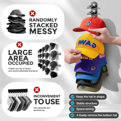 Wall-Mounted Max-Capacity 20-Cap Adhesive & Mechanical Hat Rack Set