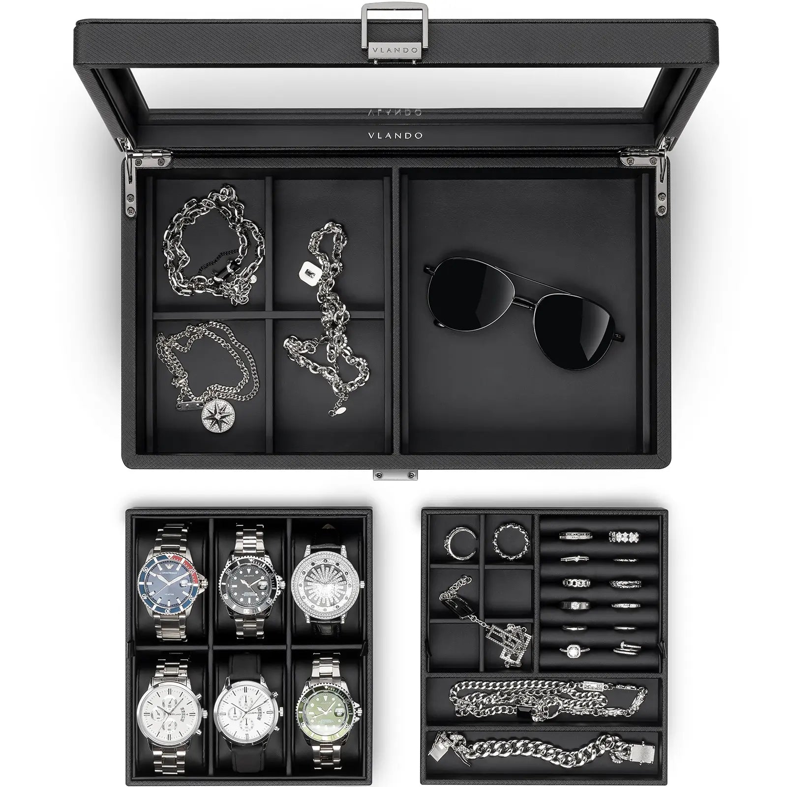Luxury 10-Slot Leather Watch Vault & Two-Tier Accessory Bureau