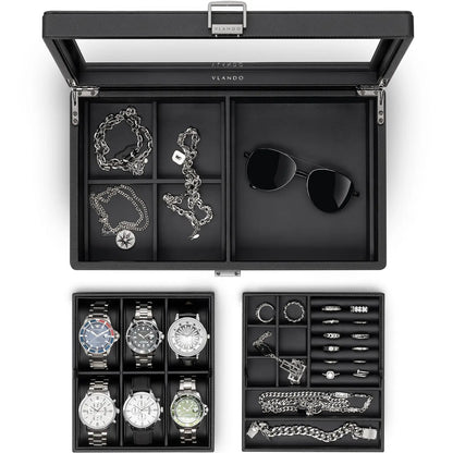 Luxury 10-Slot Leather Watch Vault & Two-Tier Accessory Bureau