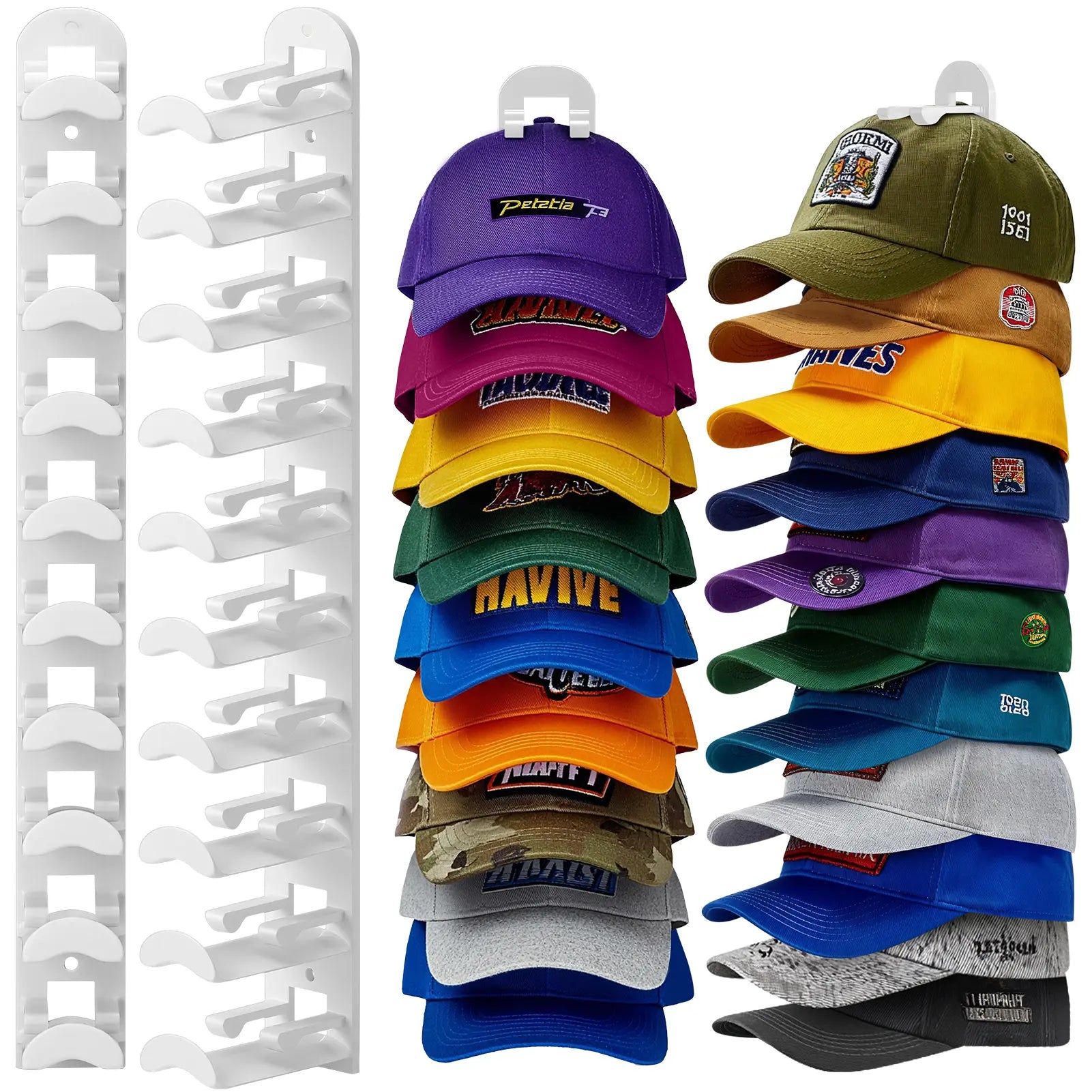 Wall-Mounted Max-Capacity 20-Cap Adhesive & Mechanical Hat Rack Set