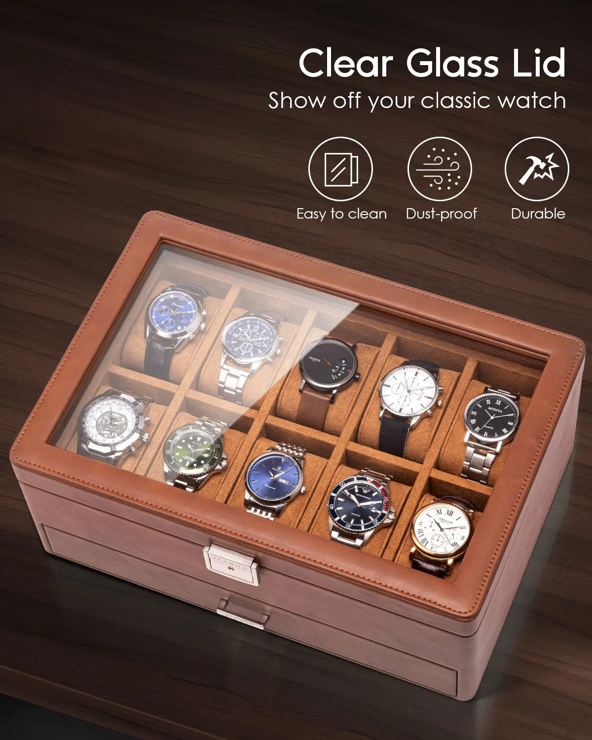 Luxury 10-Slot Leather Watch Vault & Two-Tier Accessory Bureau