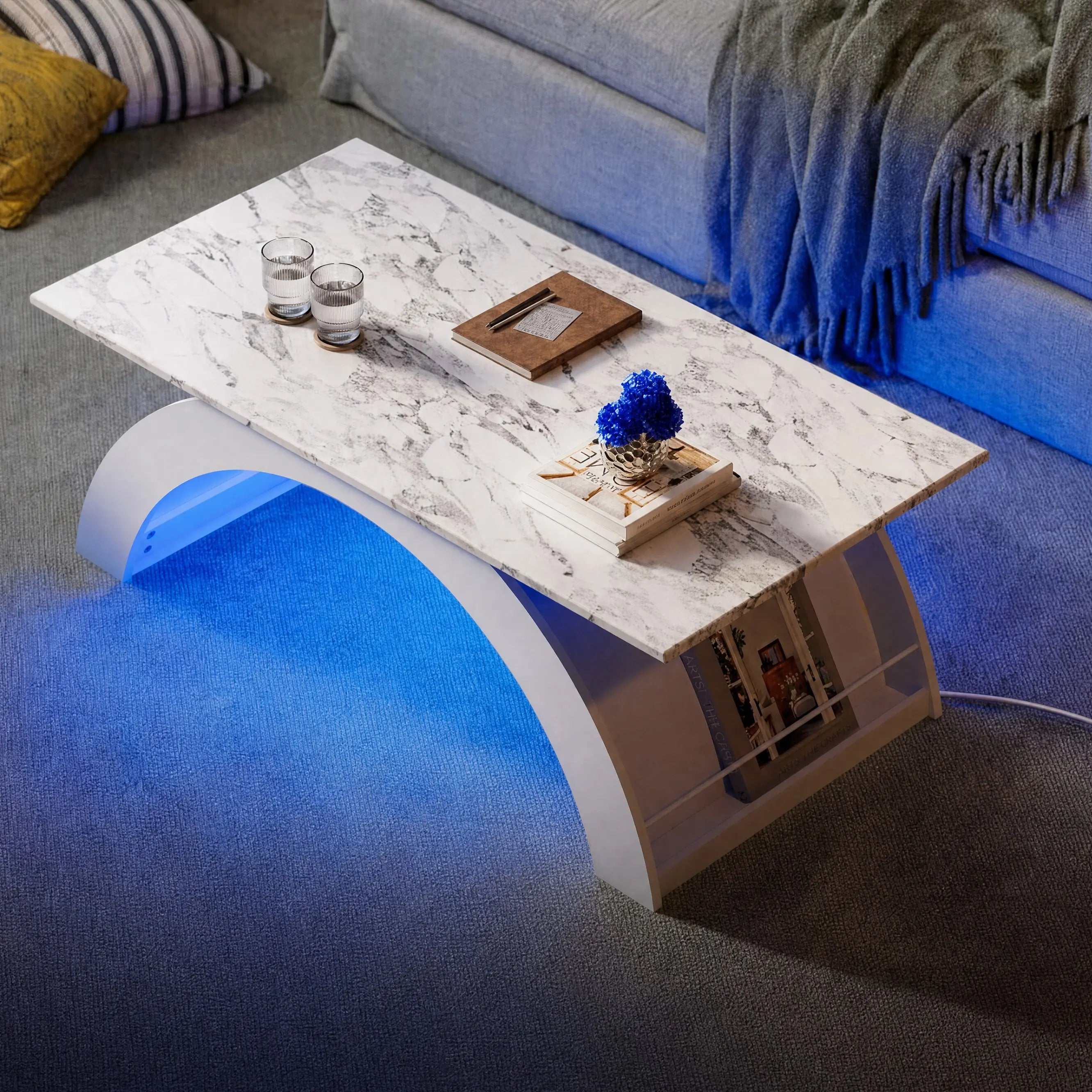 Modern 45" Faux-Marble Smart Coffee Table with App-Controlled RGB LED Lighting