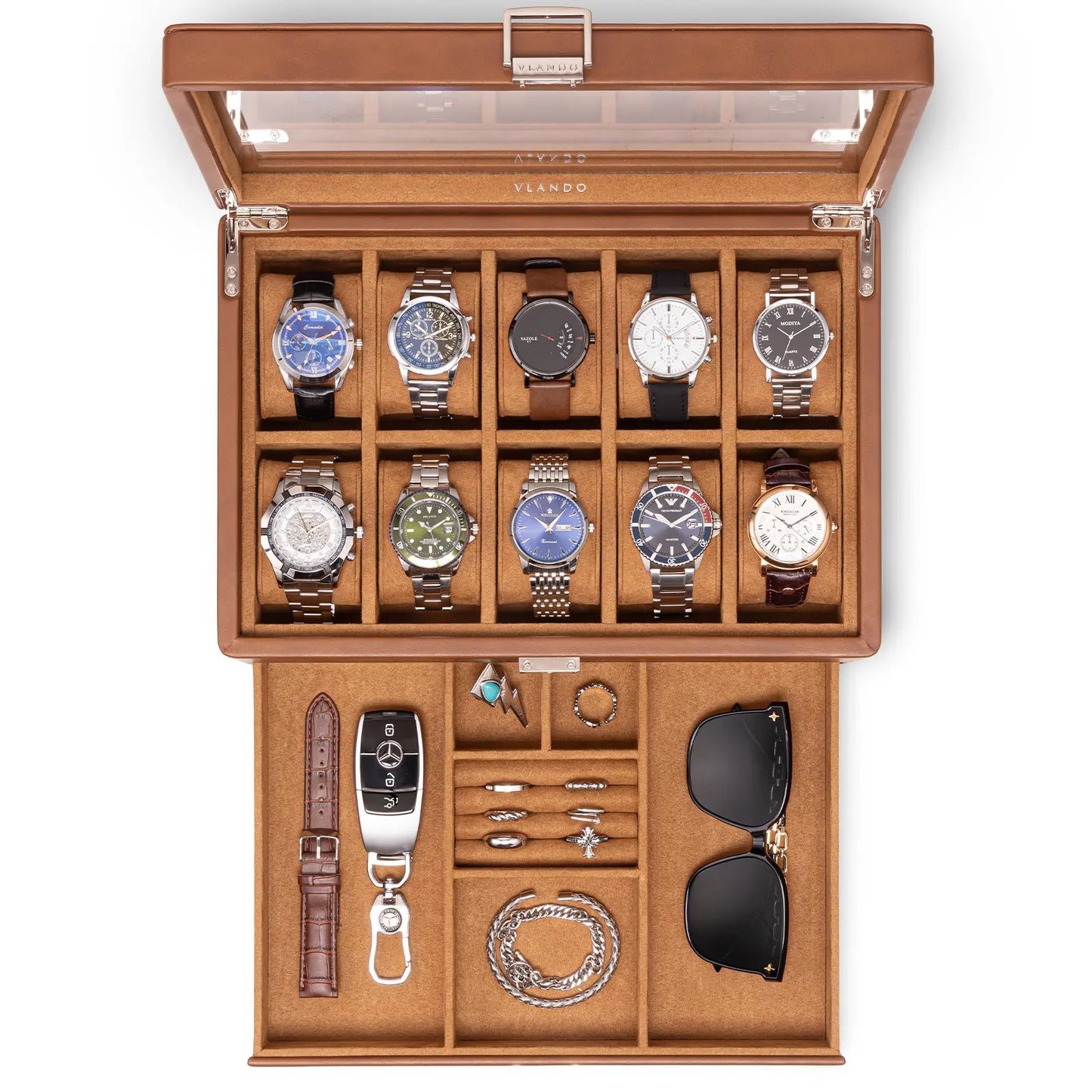 Luxury 10-Slot Leather Watch Vault & Two-Tier Accessory Bureau