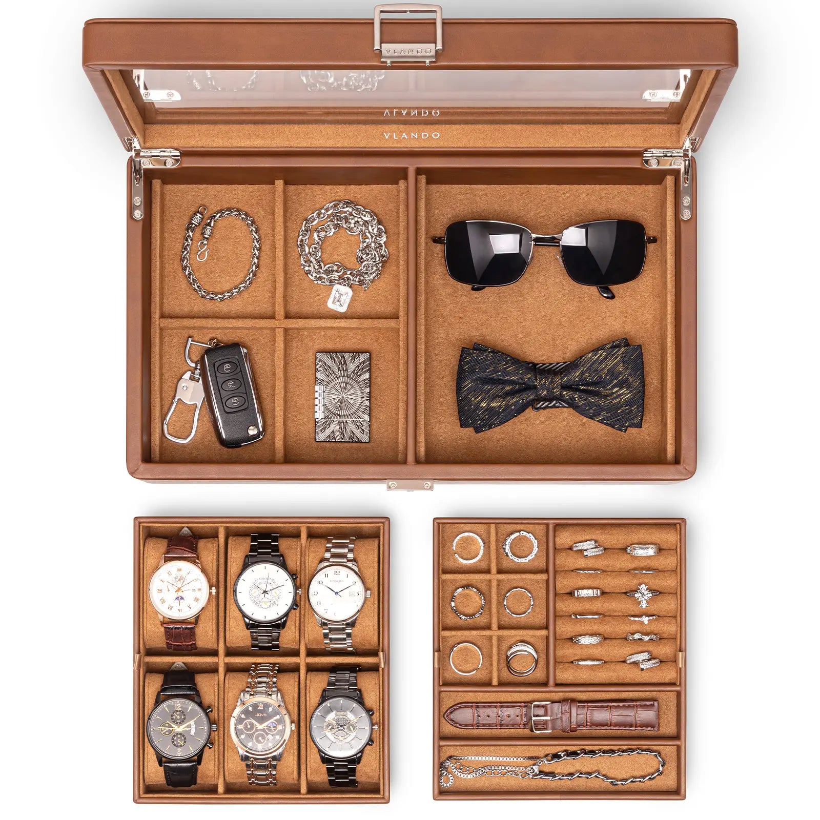 Luxury 10-Slot Leather Watch Vault & Two-Tier Accessory Bureau