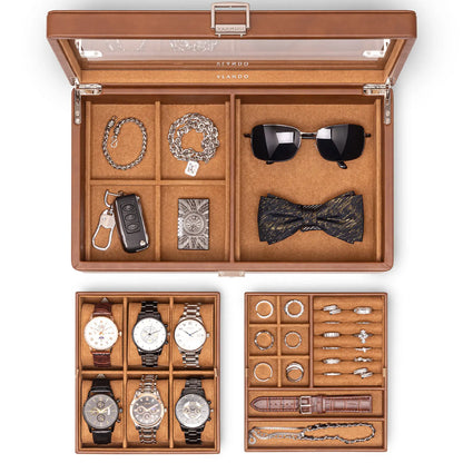 Luxury 10-Slot Leather Watch Vault & Two-Tier Accessory Bureau